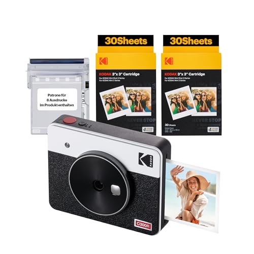 Kodak Mini Shot 3 Retro 4Pass 2-in-1-Sofortbildkamera und Fotodrucker, tragbar (7,6 x 7,6 cm) + Paket mit 68 Blatt, Weiß