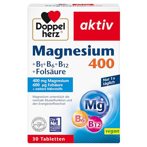 Doppelherz Magnesium 400 + B1 + B6 + B12 + Folsäure - Magnesium unterstützt die normale Muskelfunktion und den Energiestoffwechsel -...