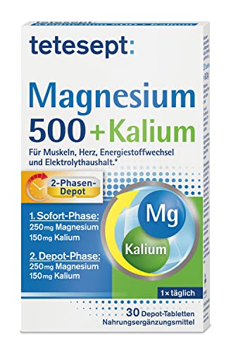 tetesept Magnesium 500 + Kalium – Nahrungsergänzungsmittel mit Magnesium für Muskeln, Herz & Nervensystem – 1 x 30 Tabletten