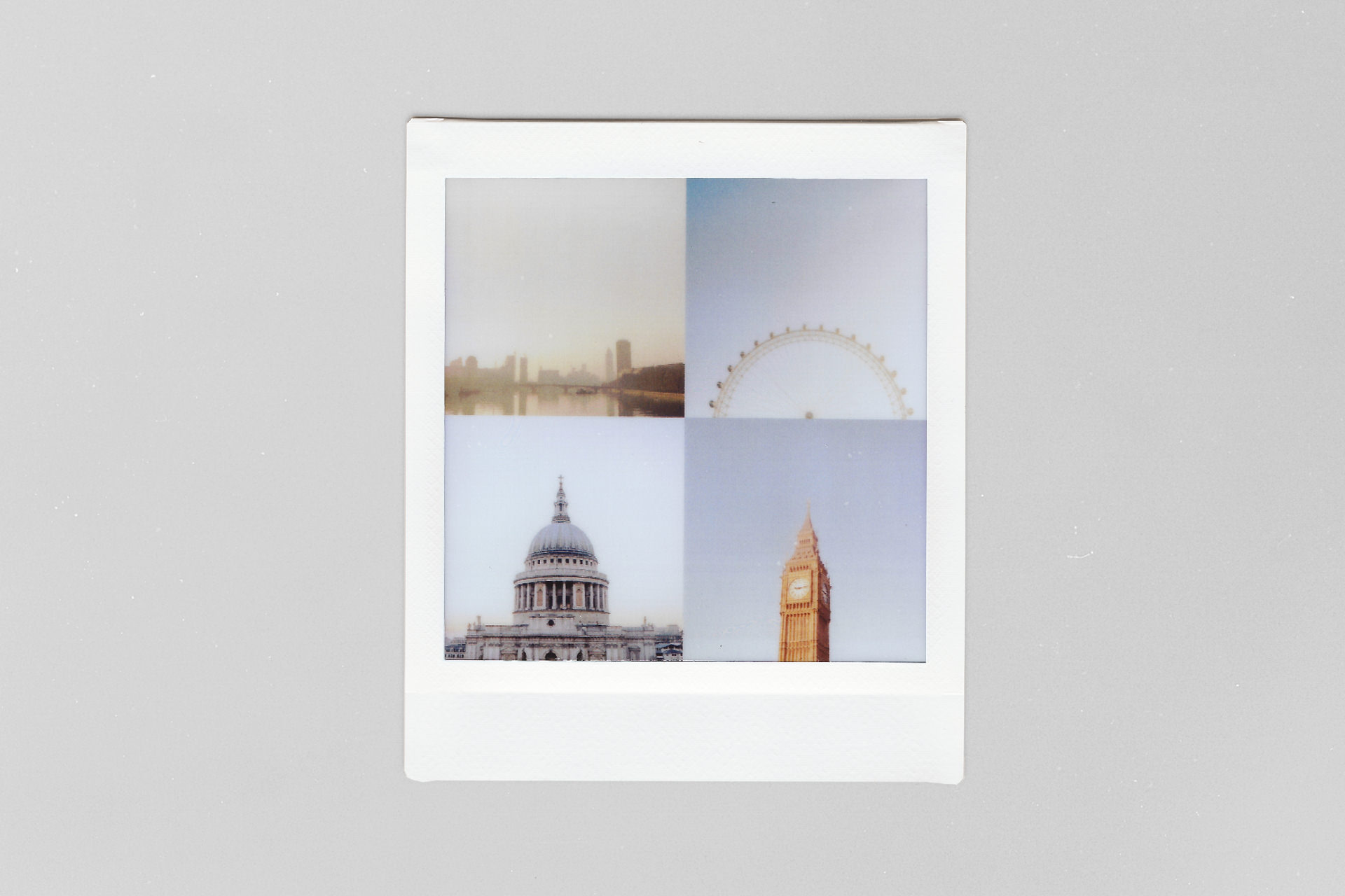 Collage aus London-Bildern auf einem Instax Square-Sofortbild