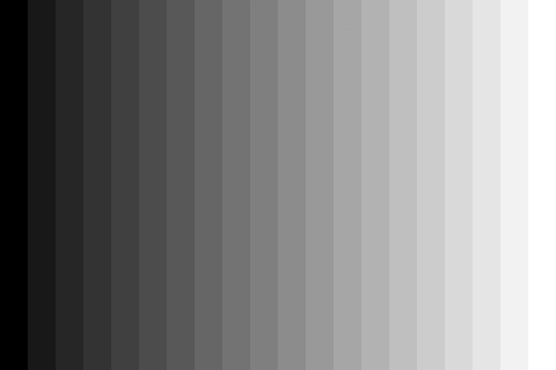 Ein Graukeil mit 20 senkrechten Farbbalken von schwarz zu weiß immer heller werdend