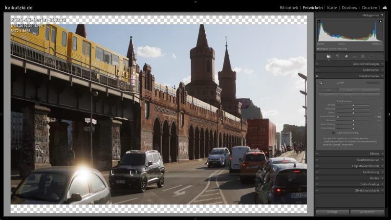 Der Seitenverhältnis-Regler im Transformieren-Panel in Lightroom reicht nicht aus um das Bild aus dem 1,5x-Anamorphoten korrekt zu entzerren