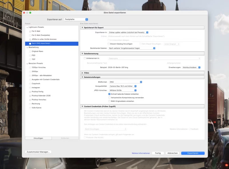 Das Export-Menü in Lightroom